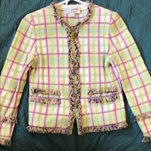 ST JOHN Santana knit plaid fringe zipper jacket